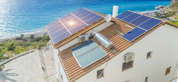 solar palels, photovoltaic, roof, sea  house